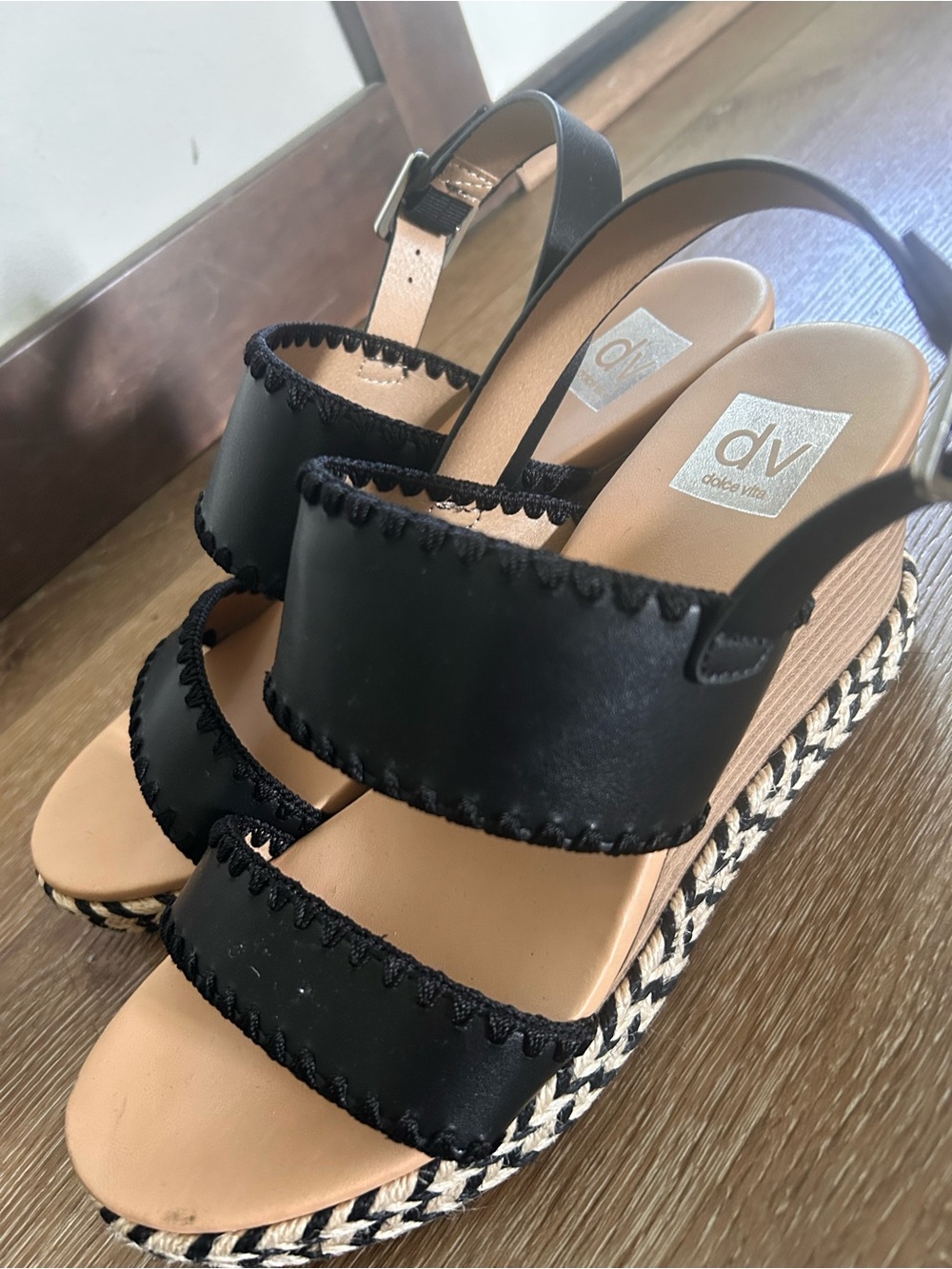 DV by Dolce Vita Black and Tan Espadrille Wedge Sandals